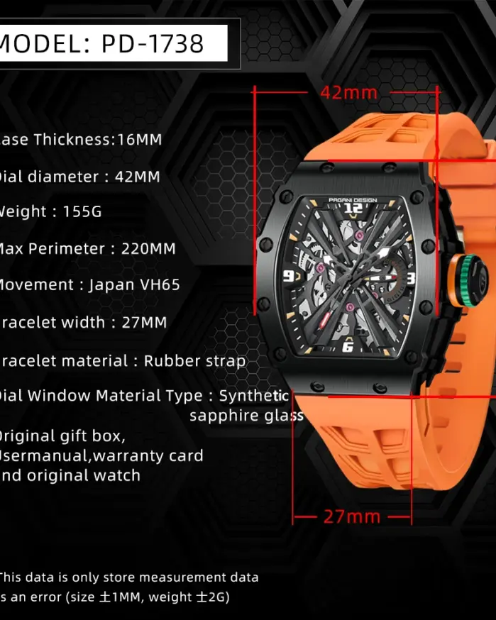 PAGANI DESIGN PD1738 relojes de cuarzo para hombre 42MM VH65 caja negra zafiro acero inoxidable 50M reloj de pulsera resistente al agua para hombre 2