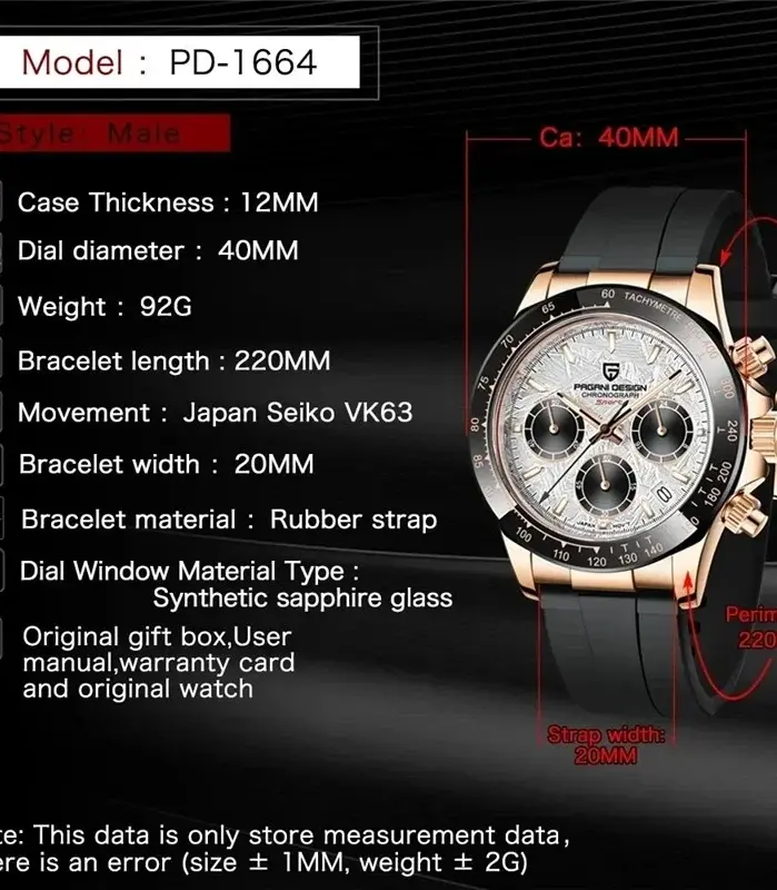 Relojes de pulsera PAGANI DESIGN PD-1664 de lujo Japón VK63 Movt de cuarzo zafiro cronógrafo resistente al agua Reloj dorado para Hombre 2