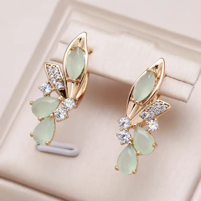 Kienl nuevo pendiente largo de circón Natural verde para mujer 585 Color oro rosa pendiente de gota de flor Vintage joyería diaria de alta calidad 1