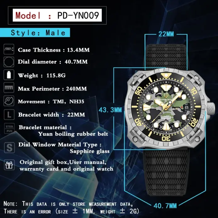 Reloj mecánico PAGANI DESIGN para hombre, esfera hueca de camuflaje militar NH35 Movt zafiro, reloj de pulsera automático resistente al agua de 200m 2