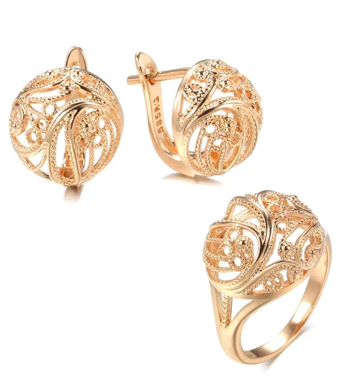 Kinel-Conjunto de pendientes y anillos para mujer, aretes con patrón hueco de oro rosa, moda étnica, conjunto de joyería para boda, 585 1