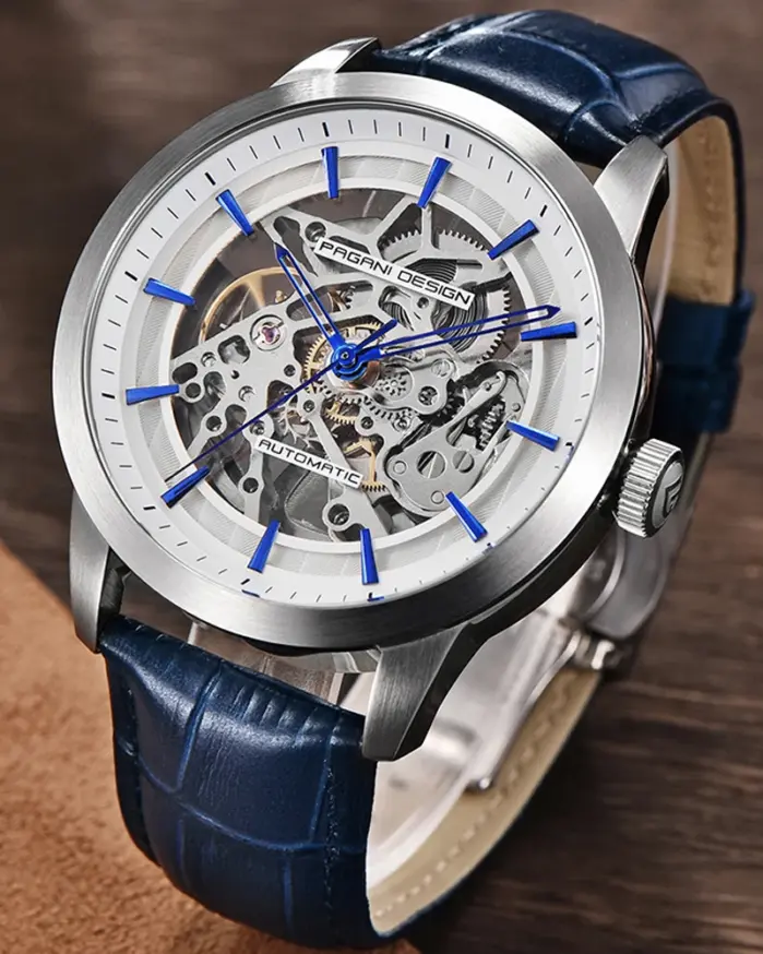 Marca PAGANI DESIGN, reloj dorado de cuero de moda para hombre, relojes mecánicos automáticos con esqueleto resistente al agua, caja Masculino 2