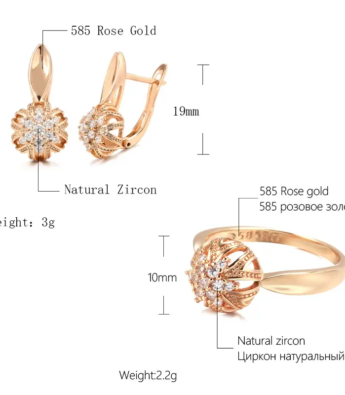 Kinel-conjunto de anillos y pendientes de oro rosa para mujer, aretes de flores huecas de circón Natural, joyería de boda hermosa, lujo, 585 2