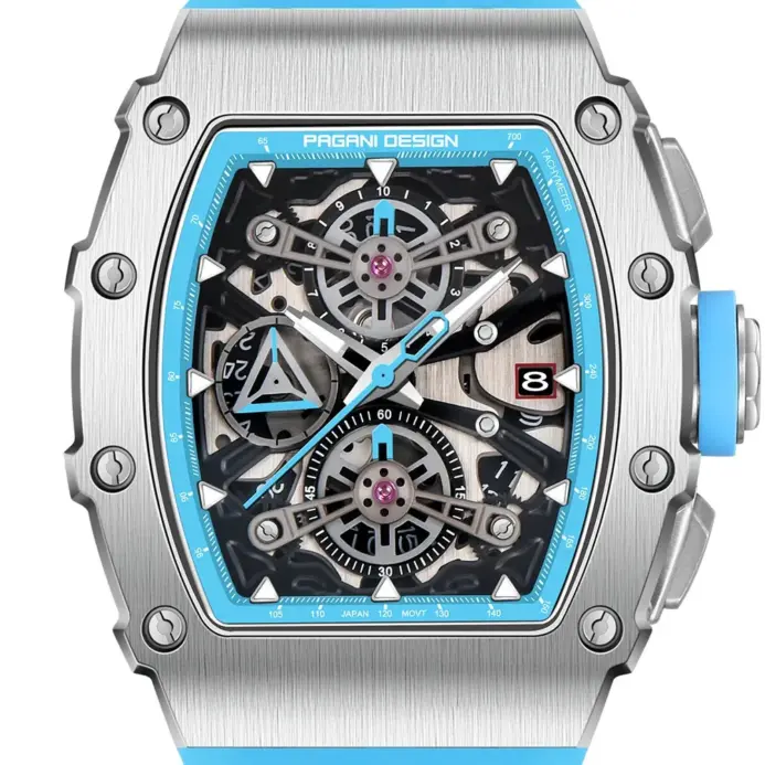 Pagani Design-relojes de cuarzo para hombre, esfera con mecanismo al descubierto, resistente al agua, deportivo, con cronógrafo de cristal de zafiro rectangular 2