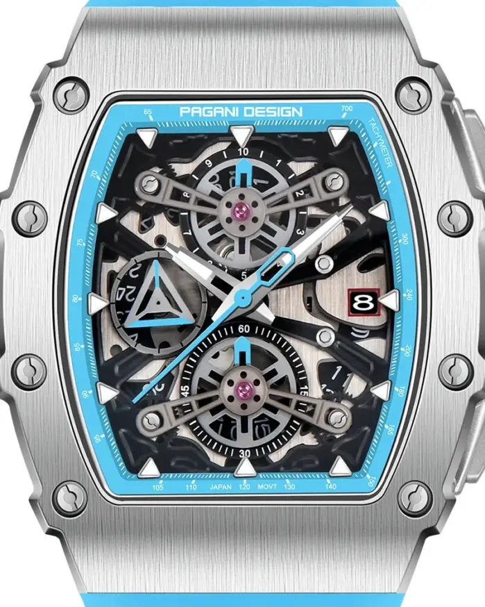 Pagani Design-relojes de cuarzo para hombre, esfera con mecanismo al descubierto, resistente al agua, deportivo, con cronógrafo de cristal de zafiro rectangular 2