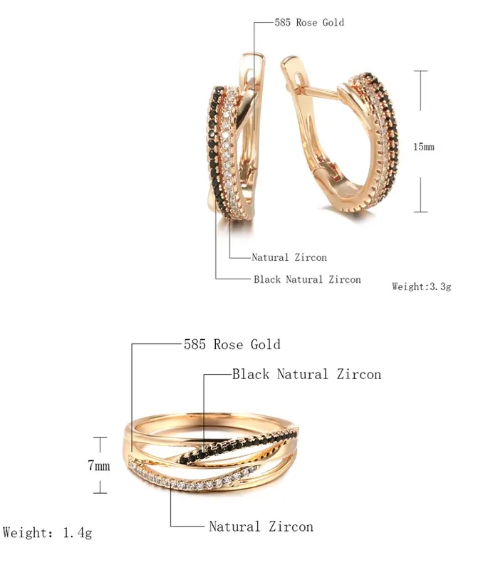 Kinel inusual 585 conjuntos de pendientes de anillo de oro rosa negro blanco circón Natural anillos geométricos cruzados para mujeres conjuntos de joyería Vintage 2