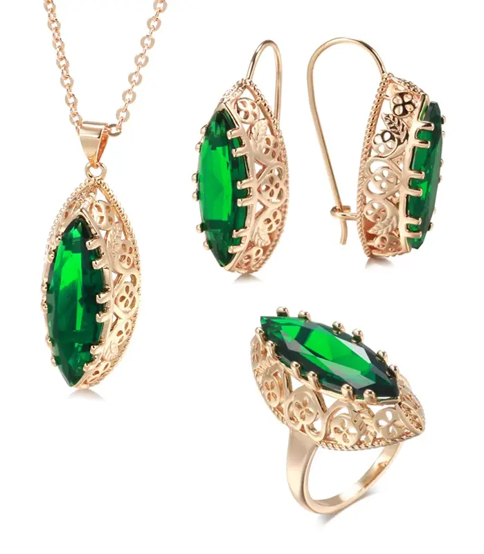 Kinel-Conjunto de collar y pendientes de oro rosa para novia, juego de anillos, rombo verde, circonita Natural, flor hueca, Vintage, 585 1