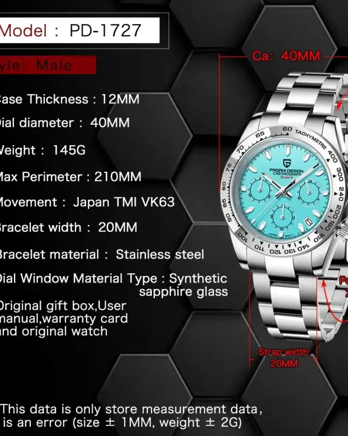 PAGANI DESIGN, nuevo Reloj de pulsera de cuarzo con bisel de acero inoxidable para Hombre, cronógrafo de cristal de zafiro de lujo, Reloj VK63 para Hombre 2