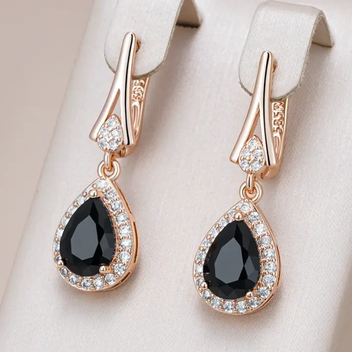Kinel-pendientes largos de circonita Natural negra brillante para mujer, joyería fina para uso diario, Color oro rosa 585, Vintage, para fiesta de boda 1
