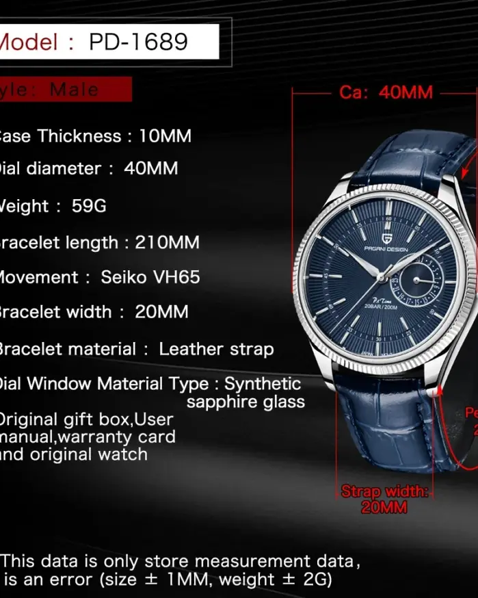 Reloj de Cuarzo para Hombre PAGANI Design PD1689, Movimiento Japonés VH65, Cristal de Zafiro, Correa de Cuero, Resistente al Agua 20 Bar, Reloj de Pulsera para Hombre 2