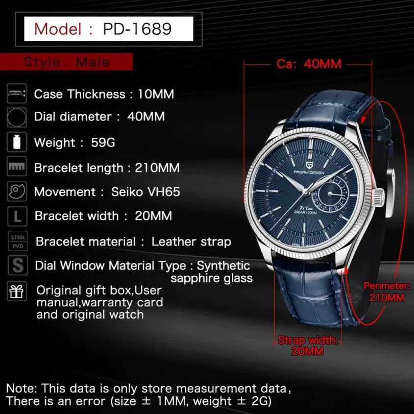 Reloj de Cuarzo para Hombre PAGANI Design PD1689, Movimiento Japonés VH65, Cristal de Zafiro, Correa de Cuero, Resistente al Agua 20 Bar, Reloj de Pulsera para Hombre 2