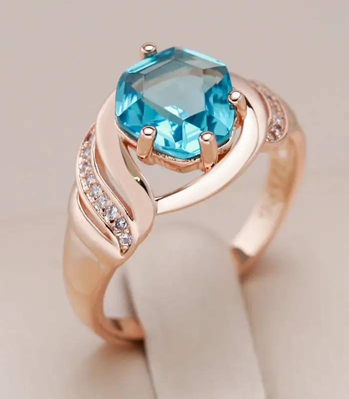 Kinel-Anillo grande de piedra azul para mujer, diseño único, Color oro rosa 585, con circonita Natural, joyería de boda Vintage 1