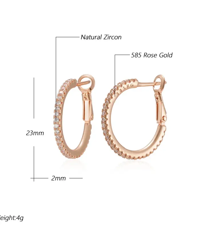 Kinel-pendientes de aro grandes para mujer, Color oro rosa 585, accesorios de circonita Natural de lujo, joyería Vintage para boda y novia 2