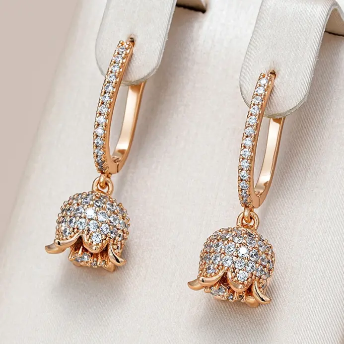 Kienl-pendiente de gota largo de circonita Natural brillante para mujer, Color oro rosa 585, flor de cristal única, joyería Vintage diaria 1