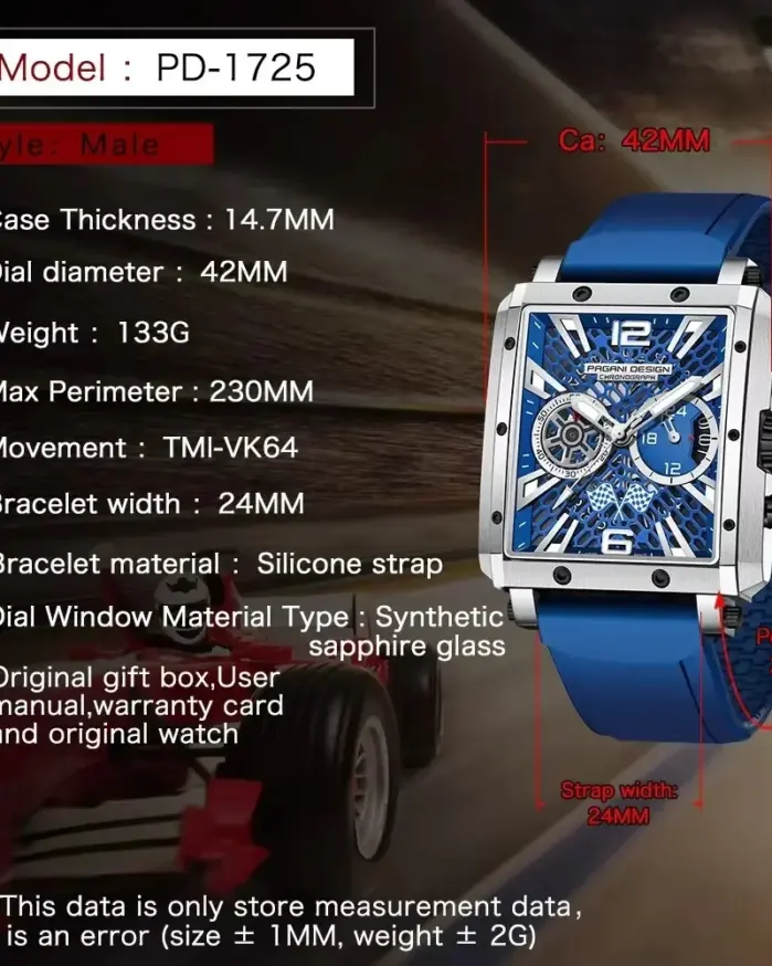 Reloj de Cuarzo Rectangular para Hombre PAGANI DESIGN, Movimiento Japonés TMI VK64, Reloj de Lujo con Esfera de Zafiro, Acero Inoxidable, Resistente al Agua 2