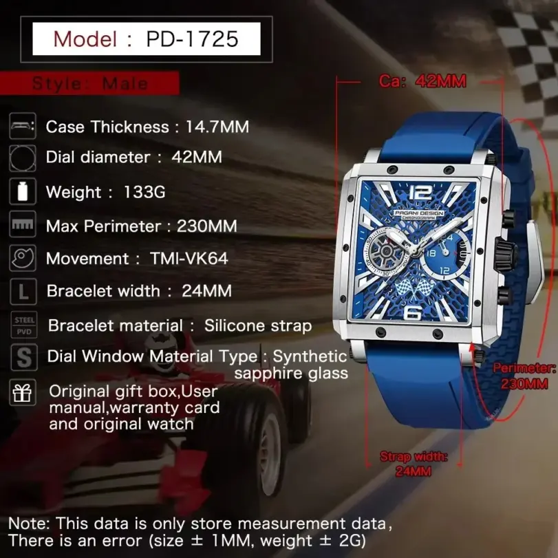Reloj de Cuarzo Rectangular para Hombre PAGANI DESIGN, Movimiento Japonés TMI VK64, Reloj de Lujo con Esfera de Zafiro, Acero Inoxidable, Resistente al Agua 2