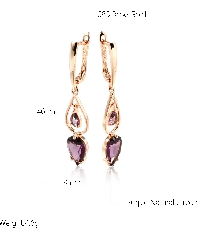 Kinel-pendientes largos de circonita Natural púrpura para mujer, accesorios de gota de agua de oro rosa 585, joyería diaria para boda 2