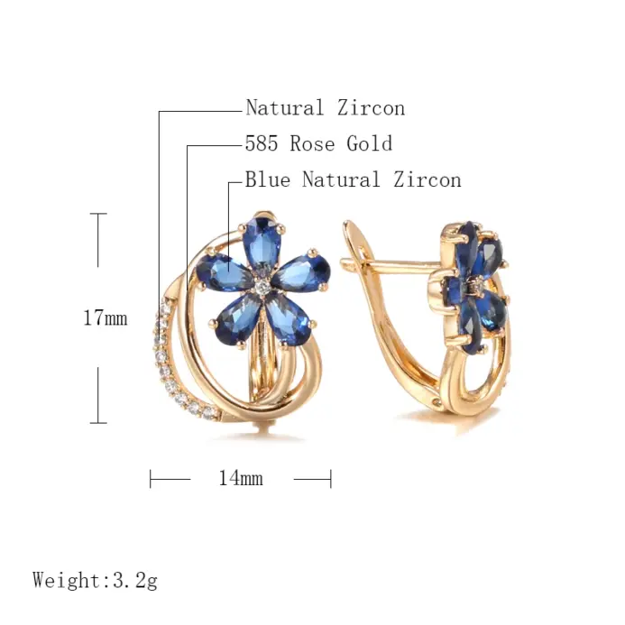 Pendientes Kinel Trend de circonita Natural azul para mujer, pendientes de flores de Color oro rosa 585, joyería Vintage fina de calidad para uso diario 2