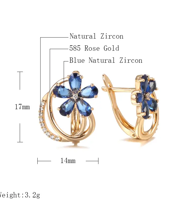 Pendientes Kinel Trend de circonita Natural azul para mujer, pendientes de flores de Color oro rosa 585, joyería Vintage fina de calidad para uso diario 2