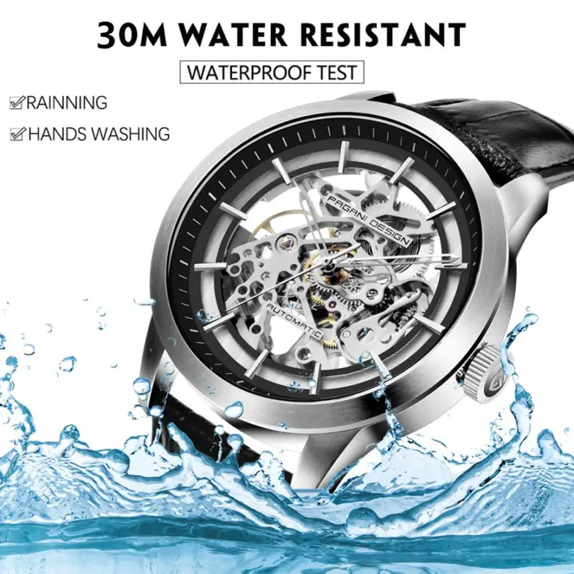 Marca PAGANI DESIGN, reloj dorado de cuero de moda para hombre, relojes mecánicos automáticos con esqueleto resistente al agua, caja Masculino 4