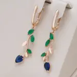 Kinel-pendientes colgantes de hoja larga para mujer, oro rosa 585, con circonita Natural verde brillante, accesorios Vintage, joyería fina para uso diario 1