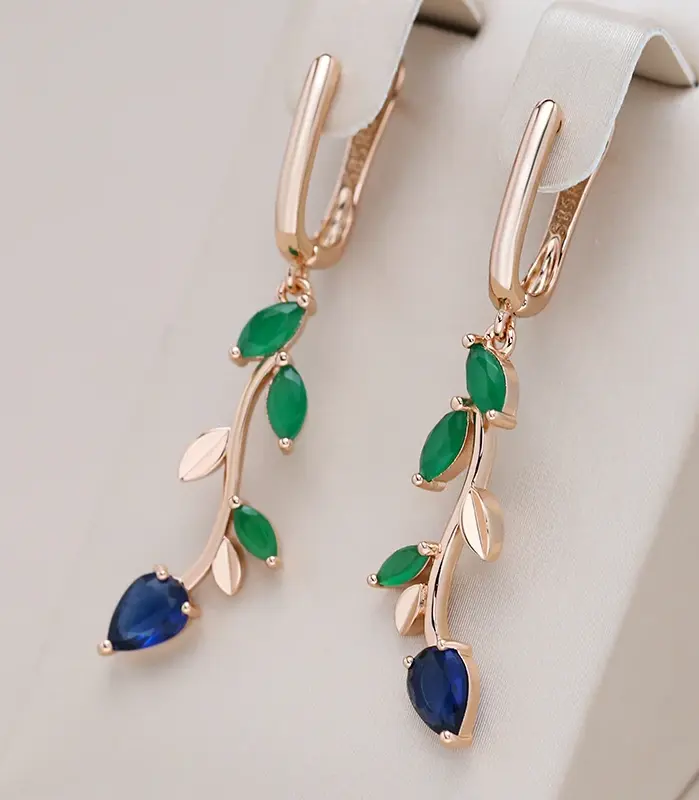 Kinel-pendientes colgantes de hoja larga para mujer, oro rosa 585, con circonita Natural verde brillante, accesorios Vintage, joyería fina para uso diario 1