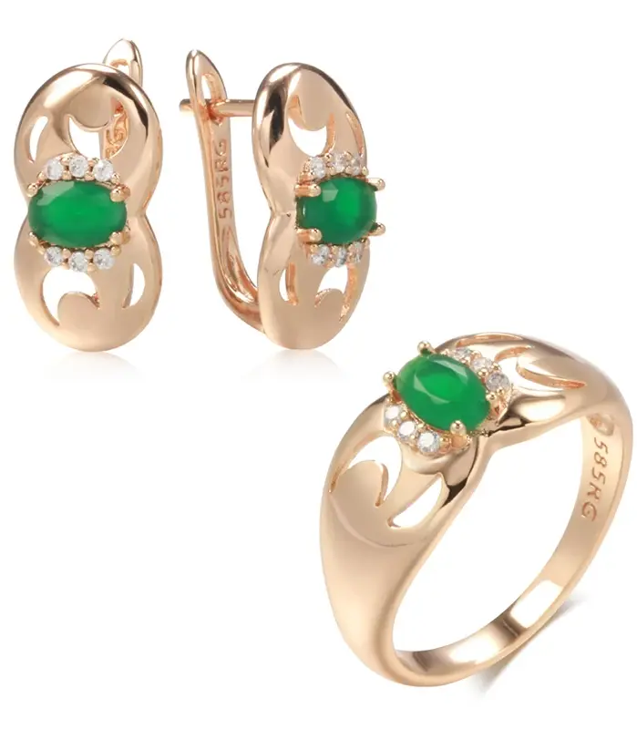 Kinel-Conjunto de anillos y pendientes para mujer, aretes de oro rosa 585 con Micro incrustaciones de cera, óvalo, verde, circón Natural, joyería nupcial para boda 1