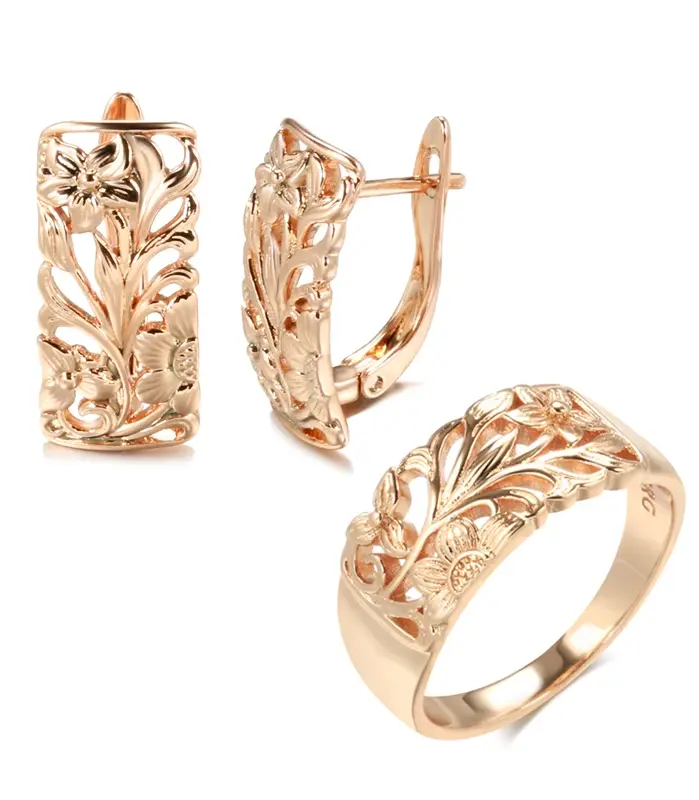 Kinel Vintage 585 oro rosa pendientes de mujer conjuntos de anillos Boho hueco flor Cilp pendientes anillo elegante étnico conjuntos de joyería de boda 1