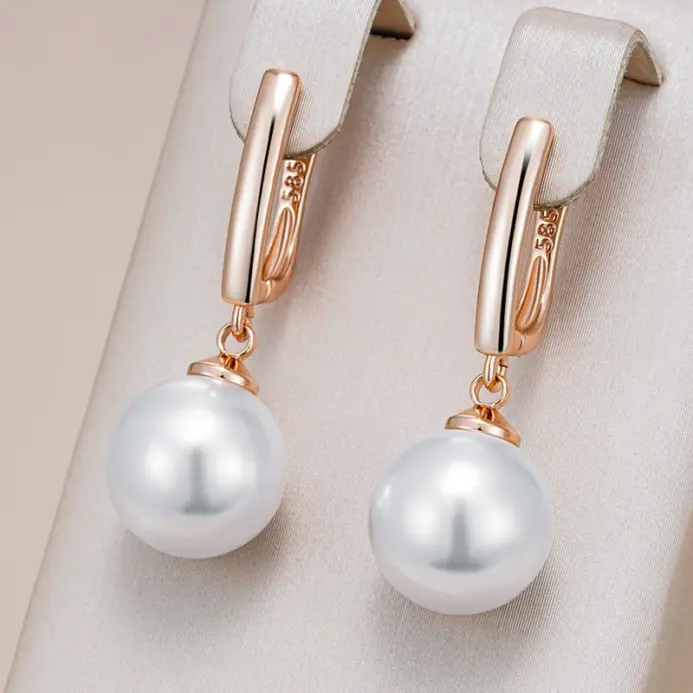 Kinel Hot Simple 10mm 12mm 16mm pendientes colgantes de perlas para mujer de lujo 585 Color oro rosa pendientes diarios para novia joyería de boda 1