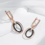 Pendientes largos Kinel de cerámica negra ovalada para mujer, Color oro rosa 585, accesorios de circón Natural, joyería fina diaria 4