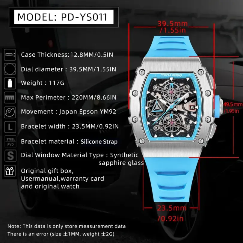 Pagani Design-relojes de cuarzo para hombre, esfera con mecanismo al descubierto, resistente al agua, deportivo, con cronógrafo de cristal de zafiro rectangular 4