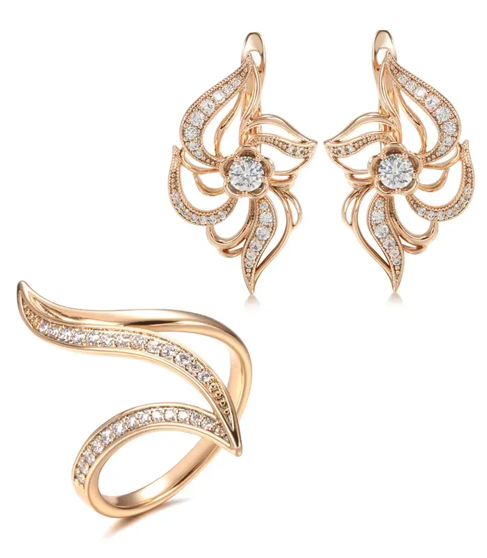 Kinel-Conjunto de pendientes de anillo curvo hipérbola fina para mujer, conjuntos de joyería de oro rosa 585, anillo de pendientes de circón Natural único 1