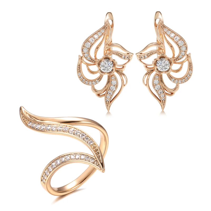 Kinel-Conjunto de pendientes de anillo curvo hipérbola fina para mujer, conjuntos de joyería de oro rosa 585, anillo de pendientes de circón Natural único 1 Kinel-Conjunto de pendientes de anillo curvo hipérbola fina para mujer, conjuntos de joyería de oro rosa 585, anillo de pendientes de circón Natural único 1