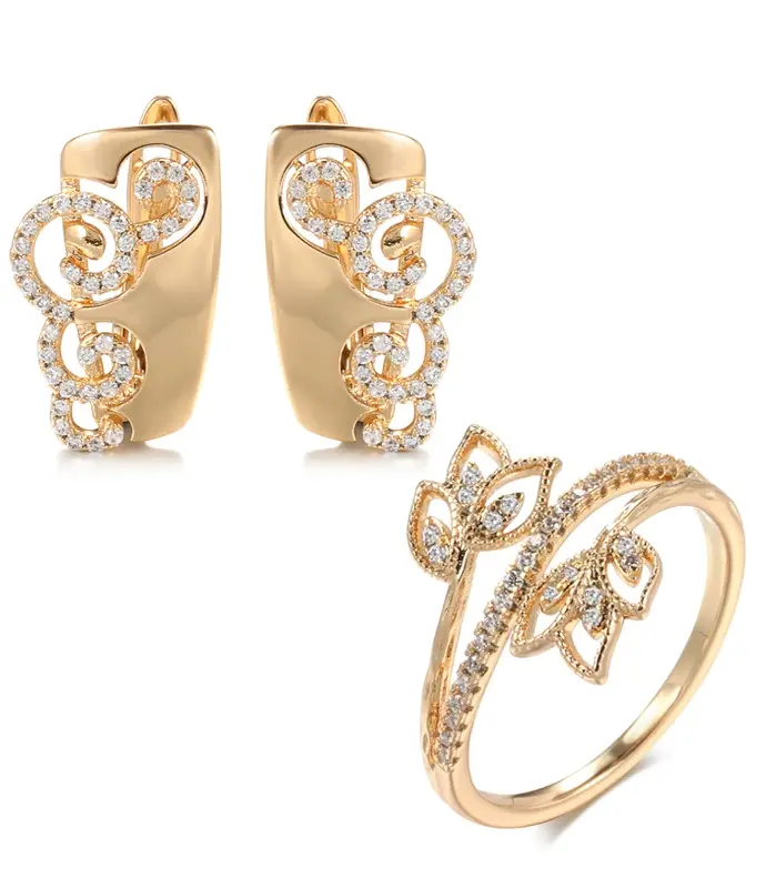 Kinel moda novedosa 585 anillo de oro rosa pendientes conjuntos de moda circón Natural pendientes para las mujeres de alta calidad diario conjunto de joyería delicada 1
