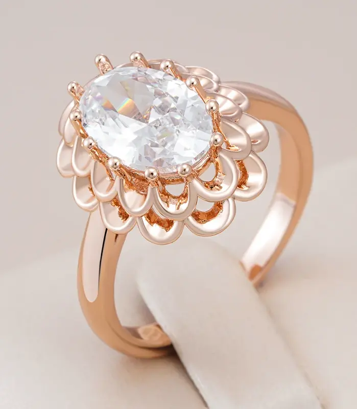 Anillo de circón Natural ovalado grande clásico para mujer, moda 585, Color oro rosa, flor de cristal, joyería Vintage diaria 1