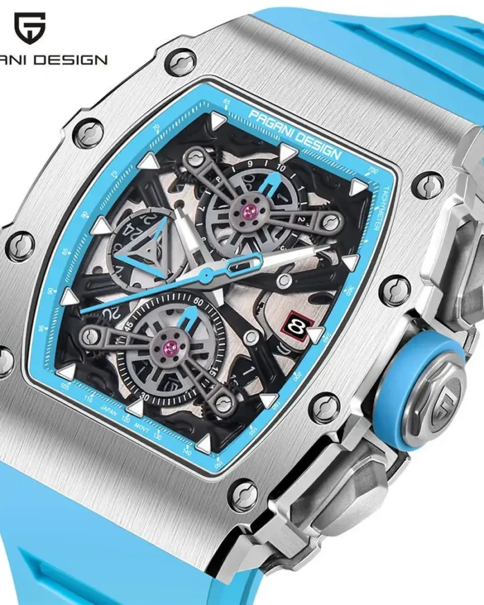 Pagani Design-relojes de cuarzo para hombre, esfera con mecanismo al descubierto, resistente al agua, deportivo, con cronógrafo de cristal de zafiro rectangular 1