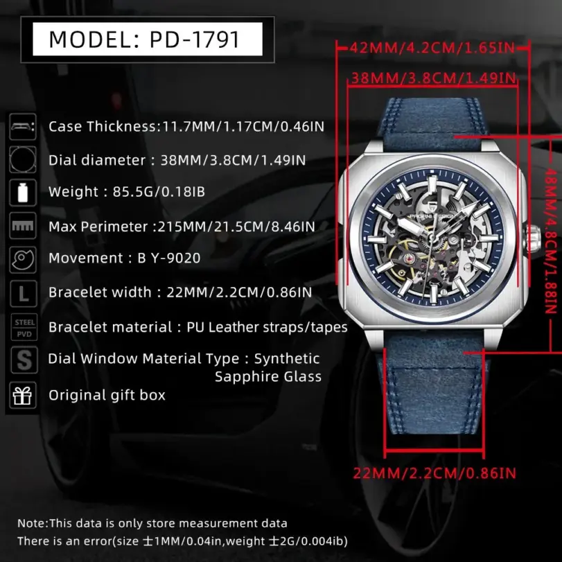 Reloj PAGANI DESIGN para hombre, relojes mecánicos automáticos huecos cuadrados de acero inoxidable para hombre, relojes de pulsera con espejo de zafiro para hombre 2