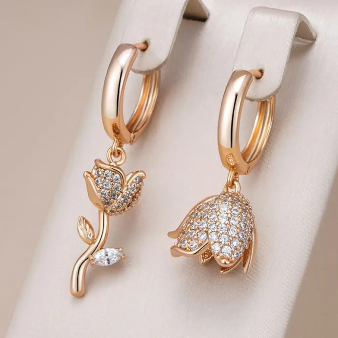 Kinel Hot 585 pendientes grandes asimétricos de Color oro rosa para mujer, accesorios de circón Natural totalmente brillante, joyería fina diaria 1