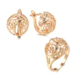 Kinel-Conjunto de pendientes y anillos para mujer, aretes con patrón hueco de oro rosa, moda étnica, conjunto de joyería para boda, 585 1