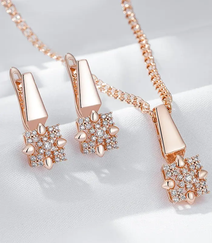 Hot 585 pendientes colgantes de flor de cristal de Color oro rosa colgante para mujer accesorios de circón Natural conjuntos de joyería fina diaria 1