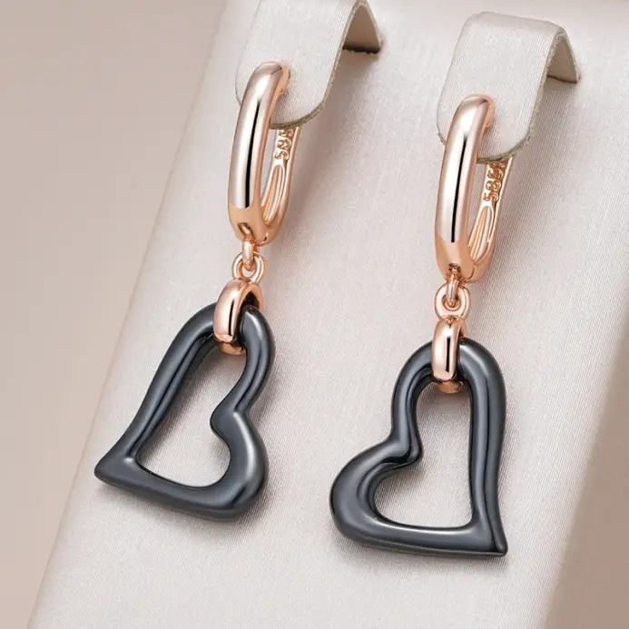 Pendientes largos Kinel de cerámica negra con forma de corazón para mujer, joyería Vintage diaria de alta calidad, Color oro rosa 585, Simple 1