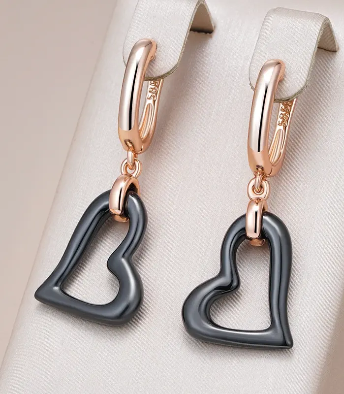 Pendientes largos Kinel de cerámica negra con forma de corazón para mujer, joyería Vintage diaria de alta calidad, Color oro rosa 585, Simple 1