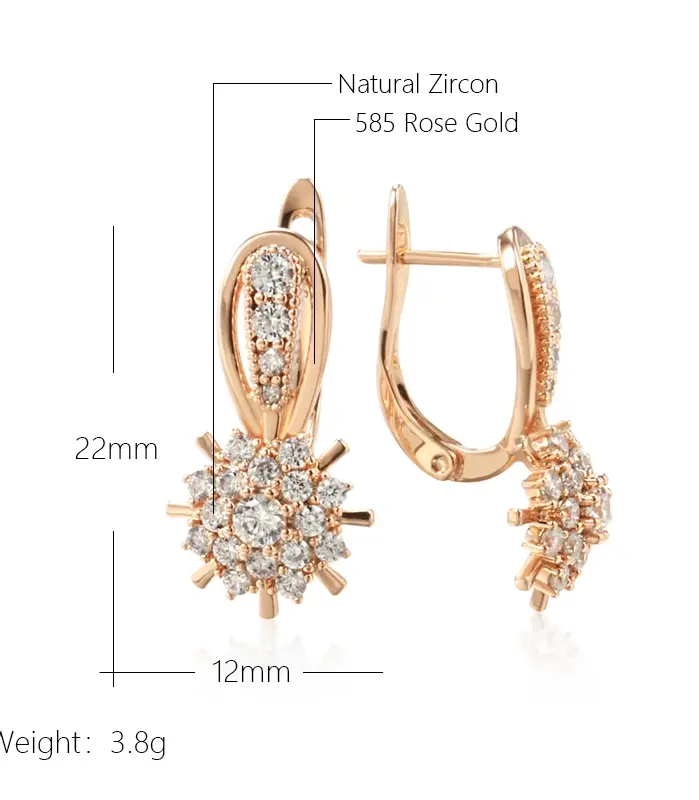 Kinel-pendientes ingleses con flor de circón Natural brillante para mujer, Color oro rosa 585, joyería Vintage de moda, accesorios para fiesta diaria 2