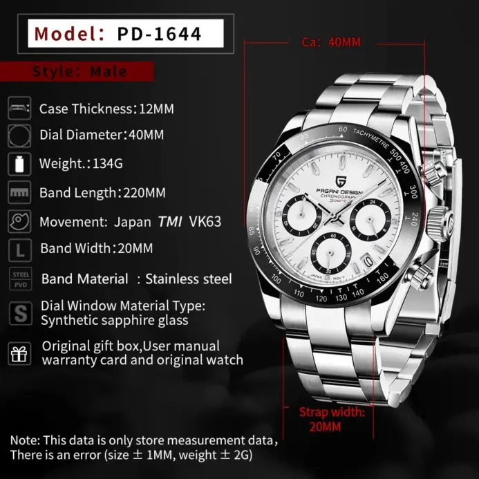 Reloj de Pulsera PAGANI DESIGN PD-1644 para Hombre, Reloj de Cuarzo con Bisel de Cerámica, Movimiento Japonés VK63, Cristal de Zafiro, Resistente al Agua hasta 100 m, Cronógrafo 2