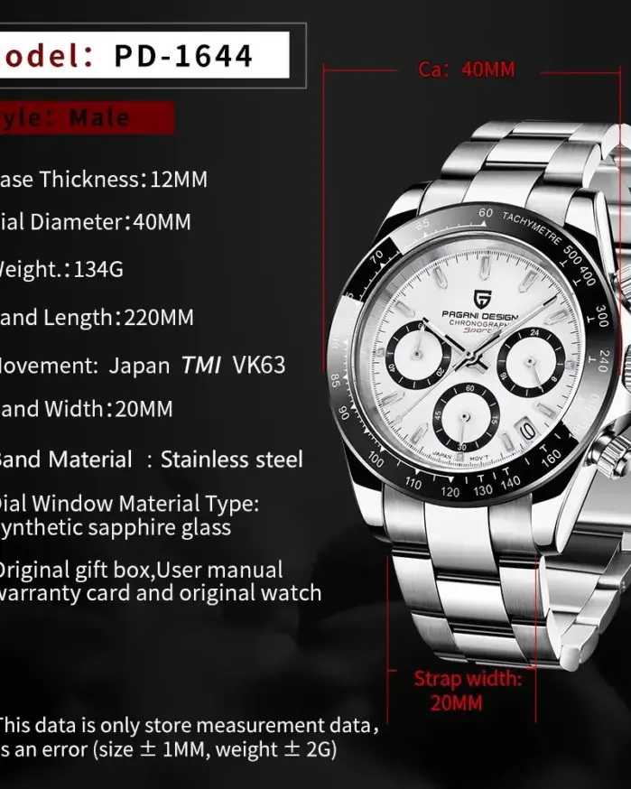 Reloj de Pulsera PAGANI DESIGN PD-1644 para Hombre, Reloj de Cuarzo con Bisel de Cerámica, Movimiento Japonés VK63, Cristal de Zafiro, Resistente al Agua hasta 100 m, Cronógrafo 2