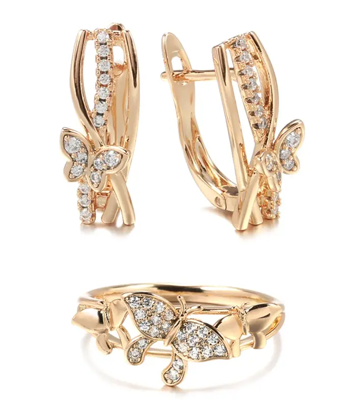 Kinel-Conjunto de anillos y pendientes de mariposa para mujer, sortija de circonita Natural de oro rosa 585, conjuntos de joyería creativos inusuales 1