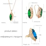 Conjunto de collar y pendientes de oro rosa para novia, juego de anillos, rombo verde, circonita Natural, flor hueca, Vintage, 585 2
