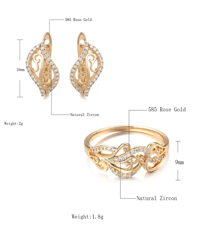 Kinel-anillo de boda étnico para novia, conjuntos de joyería y pendientes, anillos de circón Natural con flor hueca de oro rosa 585, joyería fina para mujer 2