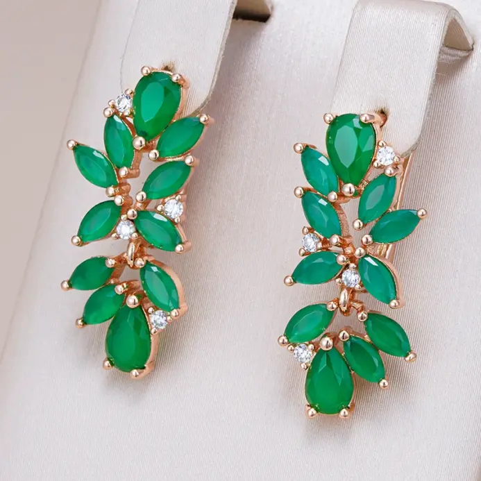 Kinel-pendientes colgantes de flor de cristal de circón con corte Esmeralda para mujer, joyería étnica fina diaria de Color oro rosa 585 de lujo 1