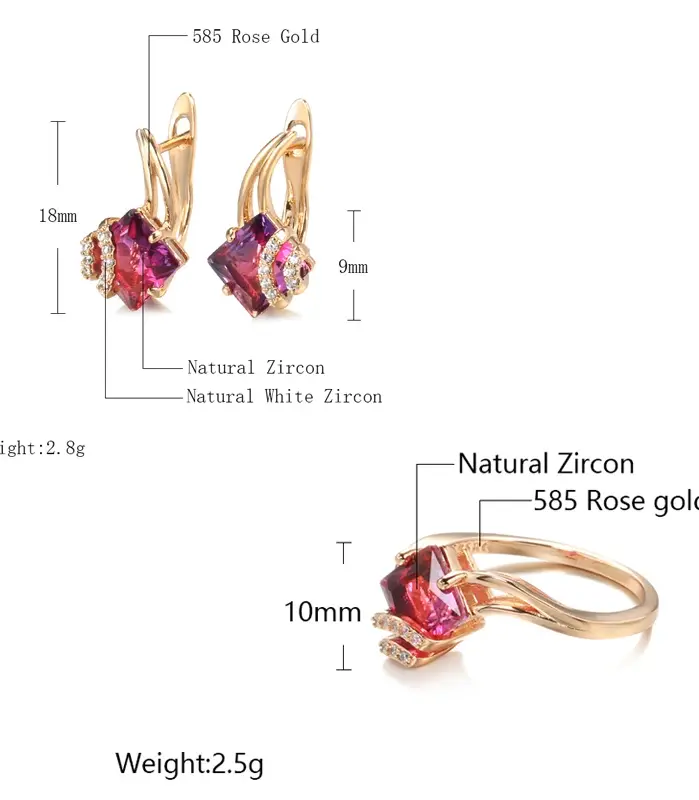 Kinel-Conjunto de pendientes y anillo de circón Natural rojo cuadrado para mujer, aretes colgantes de oro rosa 585, conjuntos de joyería de boda a la moda 2